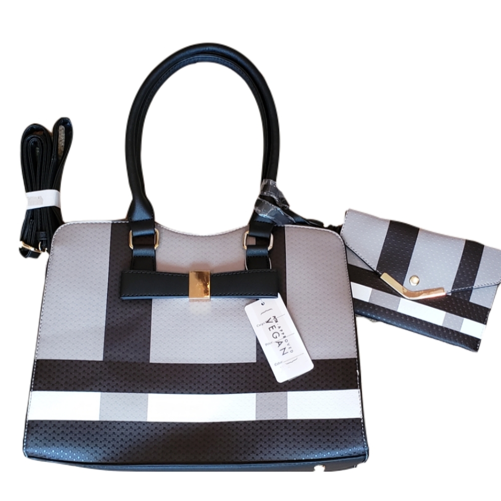 Vegan Plaid Medium Handbag w/ Wristlet
